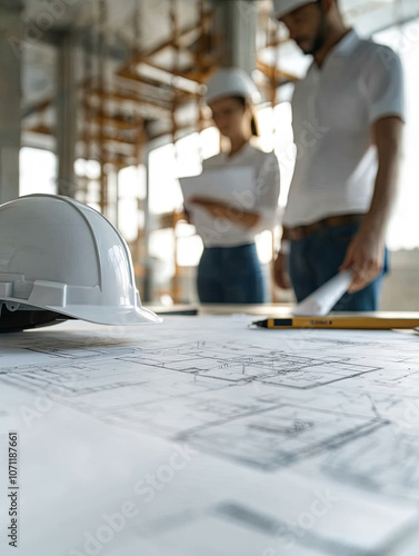 Two technicians are discussing construction drawings in the office