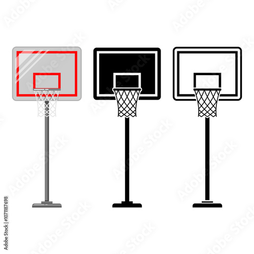 Basketball Hoop and Stand Vector Illustration. Set Flat Cartoon Icon Collection, Isolated on White Background, Editable and Scalable EPS for Logos, Icons, and Sports Graphics