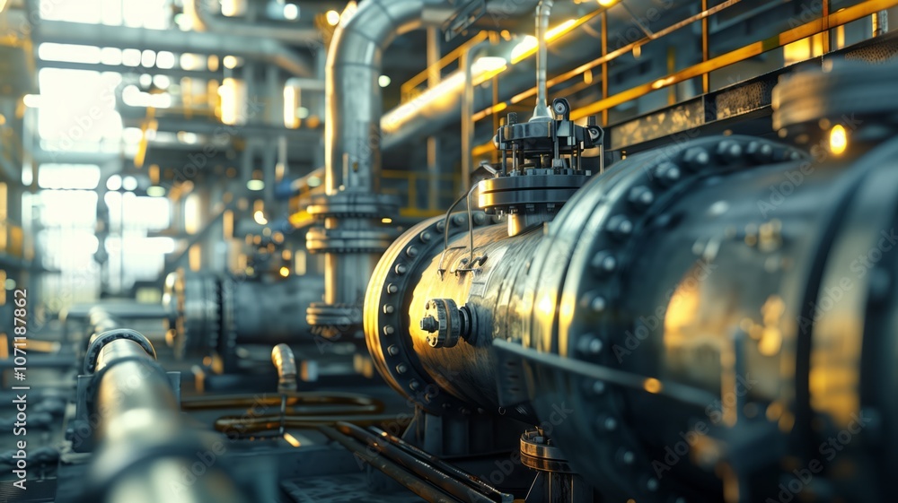 An industrial setup featuring a compressor and intricate piping system within a refinery An industrial setup featuring a compressor and intricate piping system within a refinery