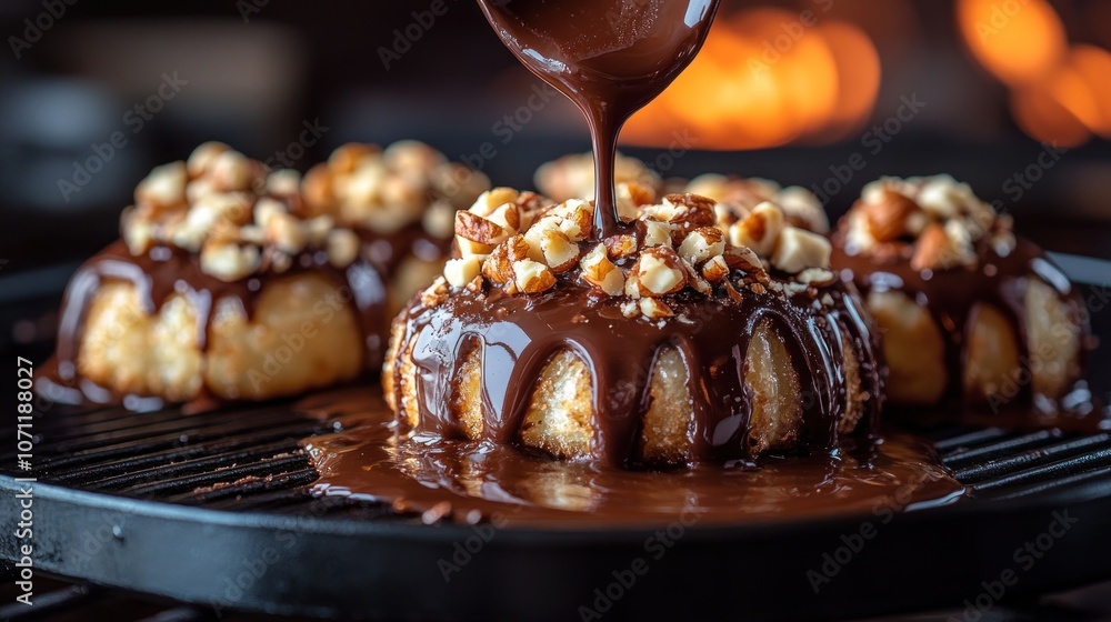 A close-up shot of a chocolate dessert being drizzled with chocolate and topped with nuts. A close-up shot of a chocolate dessert being drizzled with chocolate and topped with nuts.