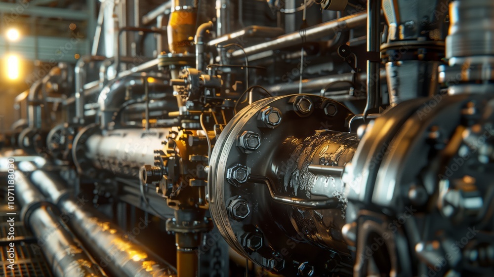 A high-tech industrial compressor with intricate piping and metallic component A high-tech industrial compressor with intricate piping and metallic component