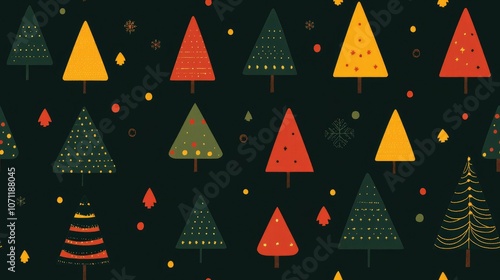 Seamless pattern featuring simple Christmas trees adorned with colorful ornaments ideal for holiday themed textile design