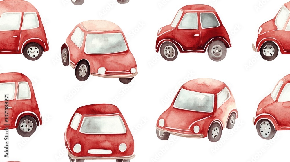 Seamless pattern of playful watercolor red car cartoon figures ideal for fabric design or children s decor Seamless pattern of playful watercolor red car cartoon figures ideal for fabric design or children s decor