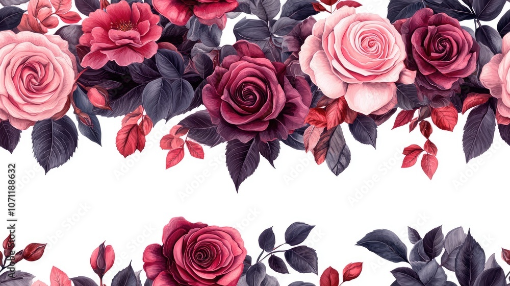 Seamless border pattern of lush rose bouquets with vibrant leaves in pink and dark red ideal for wedding and anniversary decorations floral graphic design Seamless border pattern of lush rose bouquets with vibrant leaves in pink and dark red ideal for wedding and anniversary decorations floral graphic design