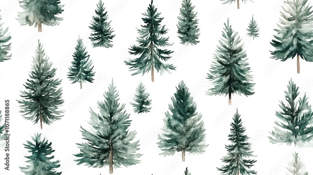 Seamless watercolor pattern of hand drawn pine trees on a white background perfect for festive holiday decorations seasonal crafts nature themed designs Seamless watercolor pattern of hand drawn pine trees on a white background perfect for festive holiday decorations seasonal crafts nature themed designs