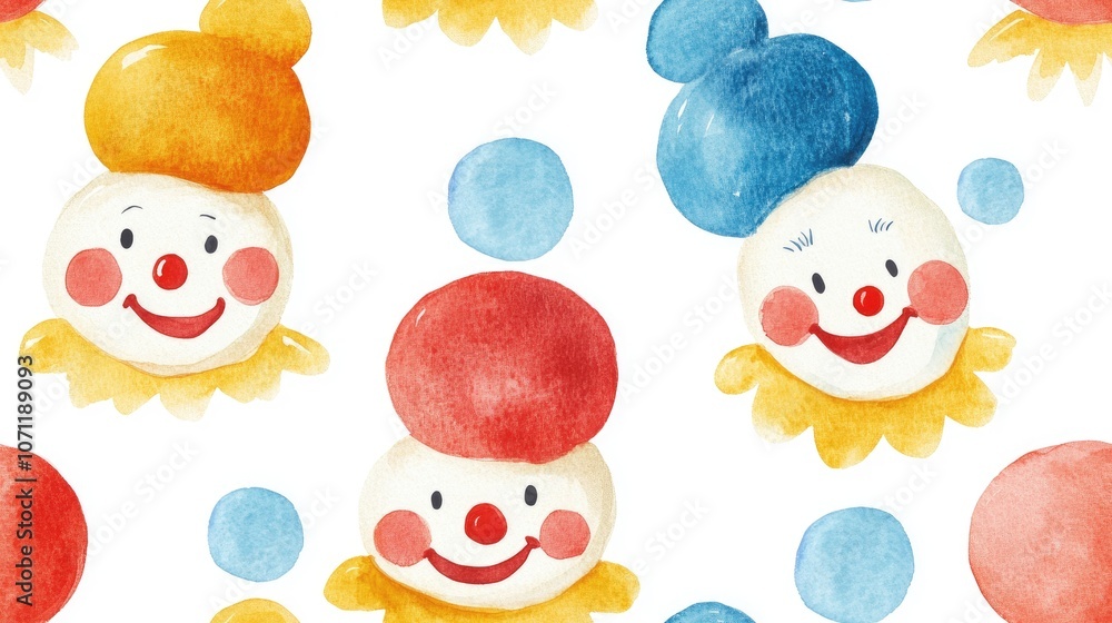 Fototapeta premium Colorful seamless pattern featuring hand painted watercolor clowns ideal for playful fabric designs and children s decor