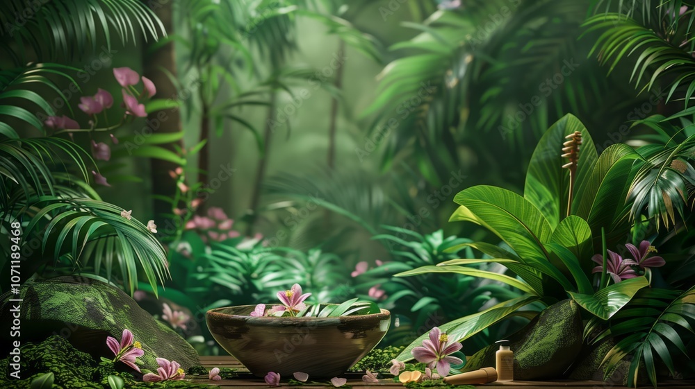 Tropical jungle background with lush green foliage and a wooden table in the foreground Tropical jungle background with lush green foliage and a wooden table in the foreground