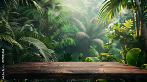Tropical jungle background with lush green foliage and a wooden table in the foreground
