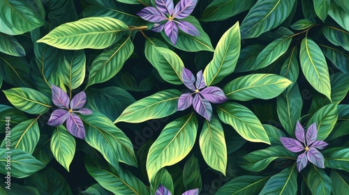 Seamless pattern featuring Schefflera Arboricola with vibrant variegated leaves and exotic violet flowers ideal for botanical prints and fabric design