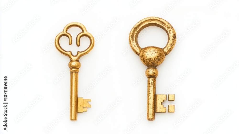Gold lock and key set, isolated on white, symbolizing security and exclusivity Gold lock and key set, isolated on white, symbolizing security and exclusivity