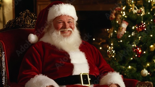 Smiling Santa Claus in Red Suit Sitting in a Chair by a Christmas Tree photo