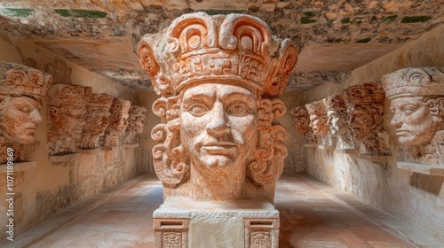 A collection of Mayan sculptures depicting faces and headwear, displayed in a museum setting.