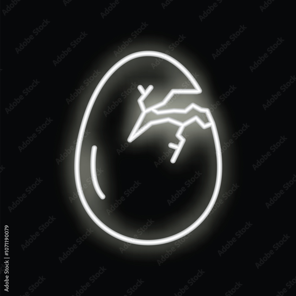 White neon sign depicting a cracked egg, glowing on a black background White neon sign depicting a cracked egg, glowing on a black background