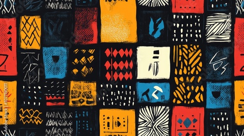 Colorful seamless pattern featuring traditional African designs with abstract graphic elements ideal for textiles or wallpaper
