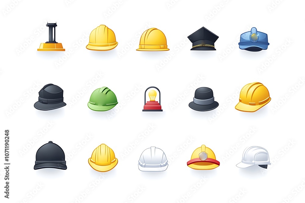 Set of different views of helmets, hat and caps Set of different views of helmets, hat and caps
