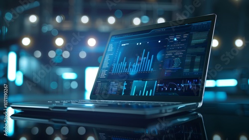A laptop displaying futuristic data analytics with holographic charts and graphs in a dark