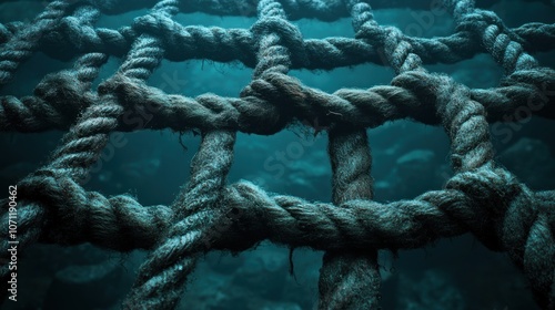 A close-up of a thick rope net submerged in water. photo