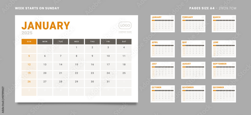 Set of 12 Pages Monthly Calendar Planner Templates on 2025 year. Vector mockup of a wall or desktop calendar with the week start on Sunday for print in grey and red color. Pages size Letter -8.5x11 in Set of 12 Pages Monthly Calendar Planner Templates on 2025 year. Vector mockup of a wall or desktop calendar with the week start on Sunday for print in grey and red color. Pages size Letter -8.5x11 in