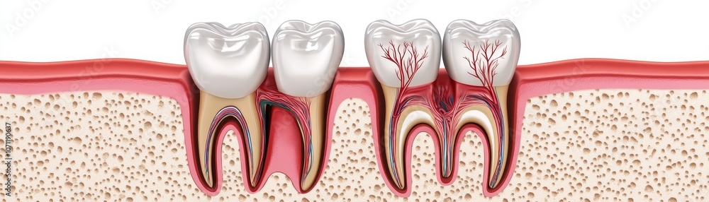 Tooth Anatomy Illustration   Human Teeth Cross Section with Root  Enamel  Dentin  Pulp  Gum  and Bone