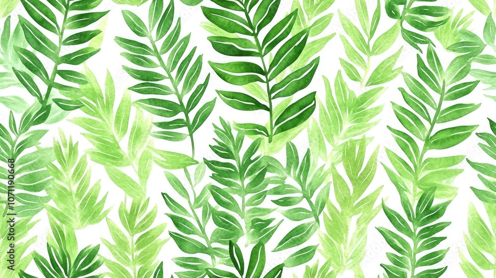 Seamless watercolor pattern of vibrant green tropical palm fern leaves on a crisp white background ideal for textile design home decor and summer themed projects Seamless watercolor pattern of vibrant green tropical palm fern leaves on a crisp white background ideal for textile design home decor and summer themed projects