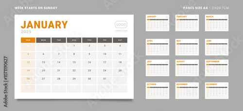 Set of 12 Pages Monthly Calendar Planner Templates on 2025 year. Vector mockup of a wall or desktop calendar with the week start on Sunday for print in grey and red color. Pages size Letter -8.5x11 in