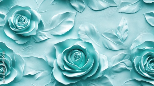 Seamless abstract rose pattern featuring embossed flower motifs in a vibrant turquoise color ideal for textile design and digital printing