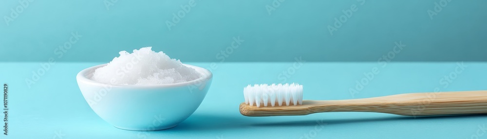 Coconut Oil and Bamboo Toothbrush on Blue Background Coconut Oil and Bamboo Toothbrush on Blue Background