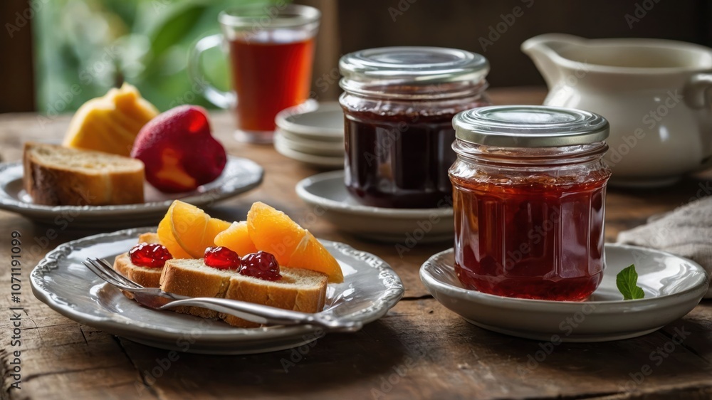 A cozy breakfast scene featuring toast, fruit, and jars of jam on a rustic table. A cozy breakfast scene featuring toast, fruit, and jars of jam on a rustic table.