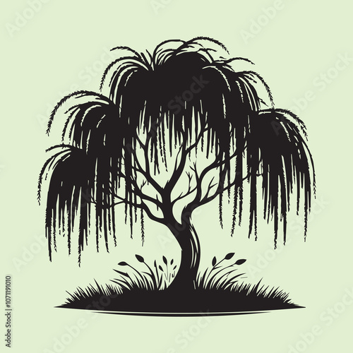 Graceful Weeping Willow Tree silhouette vector icon black and white