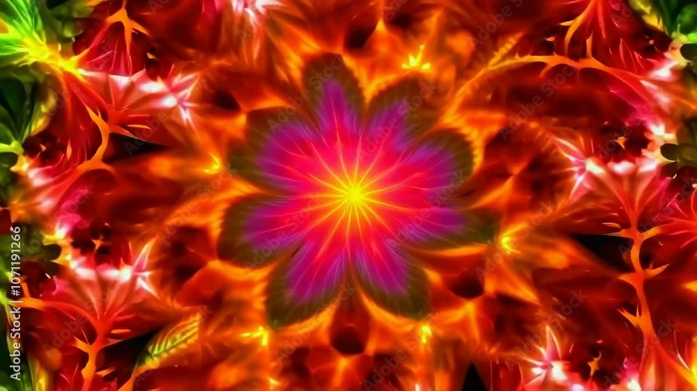 A colorful flower with a red center and green leaves A colorful flower with a red center and green leaves