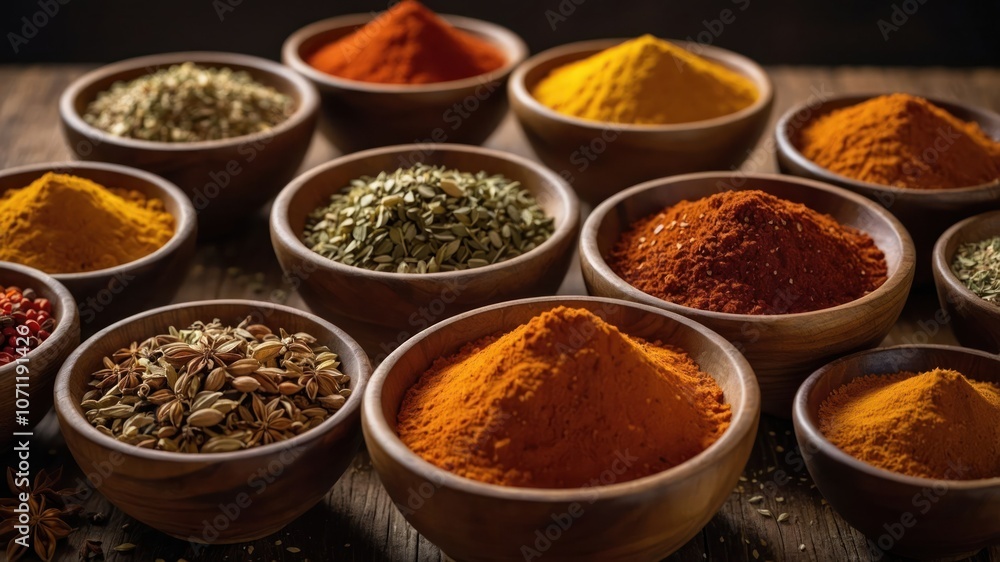A collection of vibrant spices in bowls, showcasing diverse colors and textures for culinary use. A collection of vibrant spices in bowls, showcasing diverse colors and textures for culinary use.
