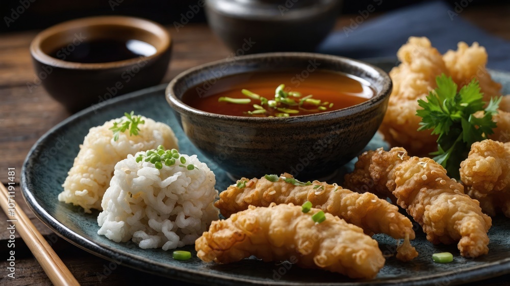 A plate of crispy fried chicken strips with rice and dipping sauce, garnished with herbs. A plate of crispy fried chicken strips with rice and dipping sauce, garnished with herbs.