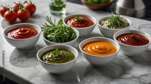 A variety of colorful sauces and fresh ingredients displayed in bowls on a marble surface.