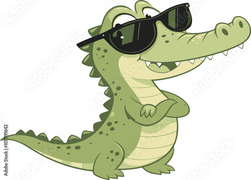 Little crocodile using black sunglasses vector illustration.