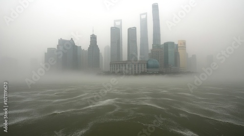 A dense fog obscures the skyline of a modern city with tall buildings