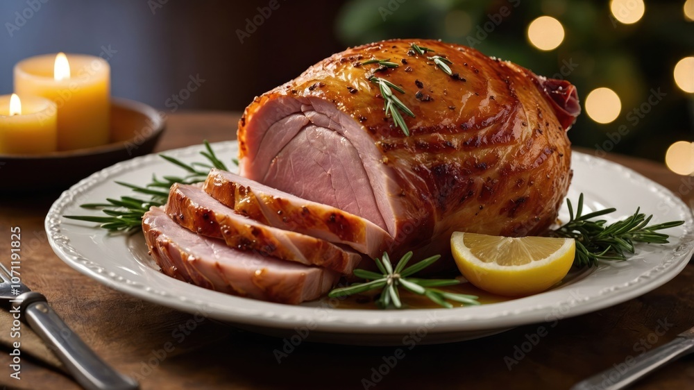A beautifully glazed ham, sliced and garnished with rosemary and lemon, set for a festive meal. A beautifully glazed ham, sliced and garnished with rosemary and lemon, set for a festive meal.
