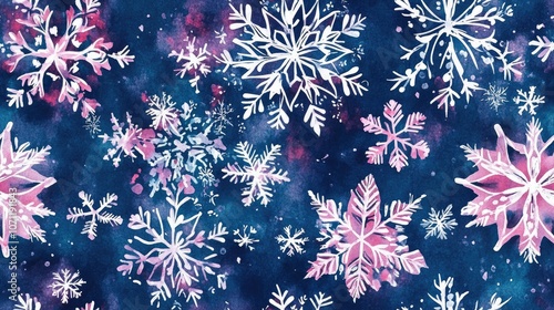 Watercolor seamless pattern featuring intricate snowflakes perfect for Christmas wrapping paper and textile design