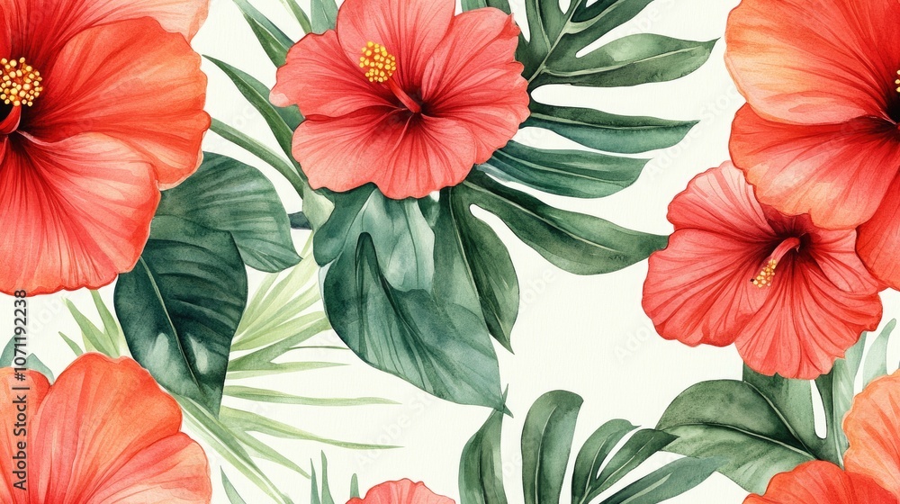 Seamless watercolor pattern featuring vibrant hibiscus flowers lush palm leaves and exotic strelitzia branches ideal for tropical themed designs