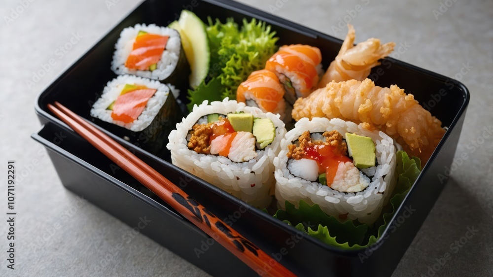 A sushi bento box featuring various sushi rolls and shrimp, arranged for a meal. A sushi bento box featuring various sushi rolls and shrimp, arranged for a meal.