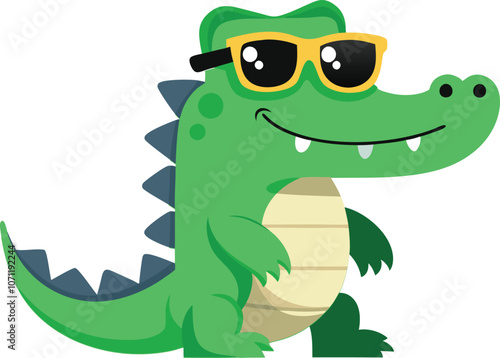 Little crocodile using black sunglasses vector illustration.