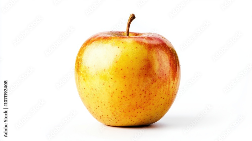 Golden apple with a shiny surface, isolated on white background, symbolizing luxury and temptation