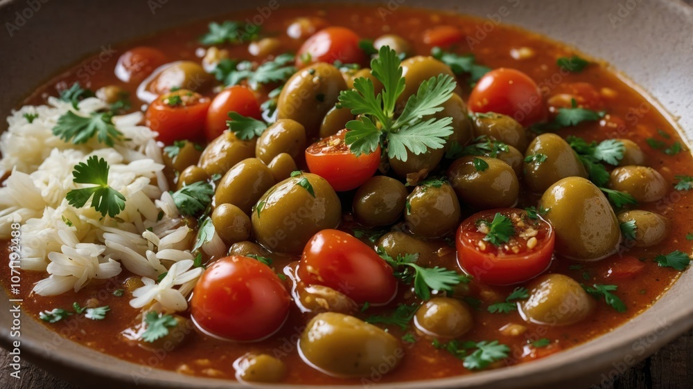 A vibrant dish featuring green olives, cherry tomatoes, and rice in a rich sauce. A vibrant dish featuring green olives, cherry tomatoes, and rice in a rich sauce.