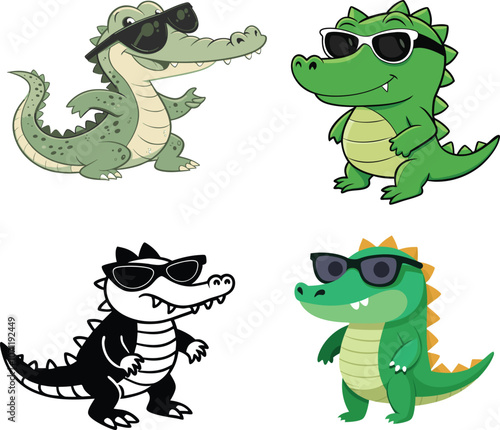 Little crocodile using black sunglasses vector illustration.