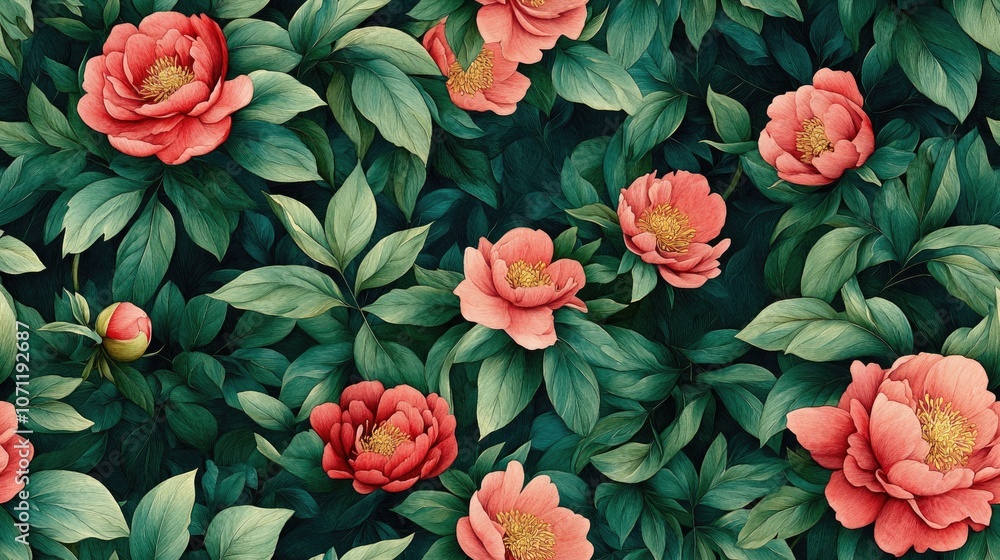 Seamless watercolor pattern featuring hand drawn peonies and lush green leaves ideal for textile design and home decor Seamless watercolor pattern featuring hand drawn peonies and lush green leaves ideal for textile design and home decor