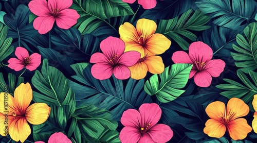 Wallpaper Mural Creative seamless pattern featuring hand drawn tropical leaves and vibrant flowers perfect for textile design and home decor Torontodigital.ca