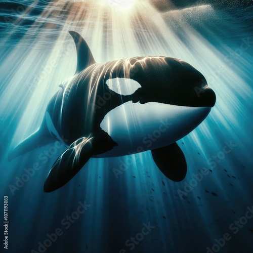 Beautiful orca underwater with sunrays passes into the ocean water 