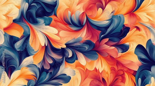 Colorful abstract seamless pattern featuring swirling flora and dynamic wave designs ideal for vibrant textile and wallpaper designs