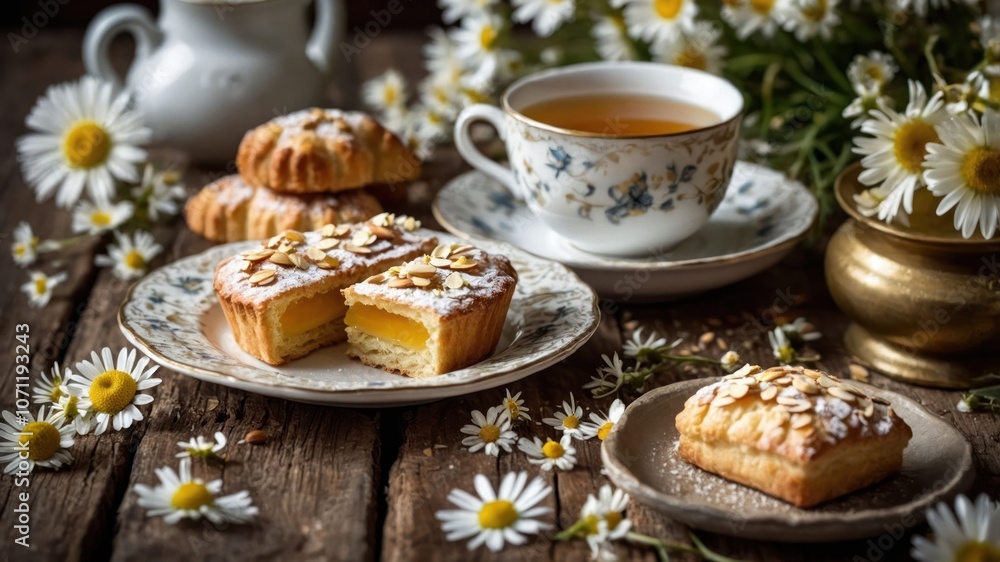A cozy tea setting with pastries and flowers, evoking warmth and relaxation. A cozy tea setting with pastries and flowers, evoking warmth and relaxation.