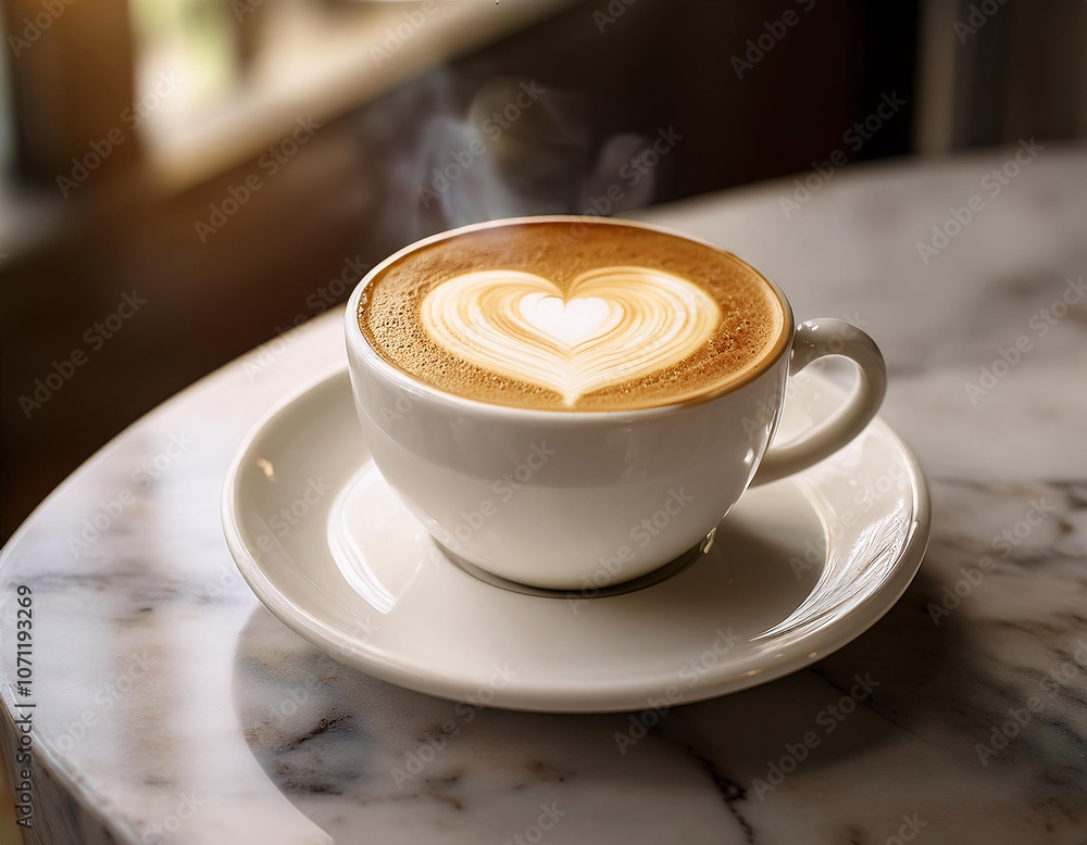 A steaming cup of cappuccino with a heart-shaped latte art design on a marble table A steaming cup of cappuccino with a heart-shaped latte art design on a marble table