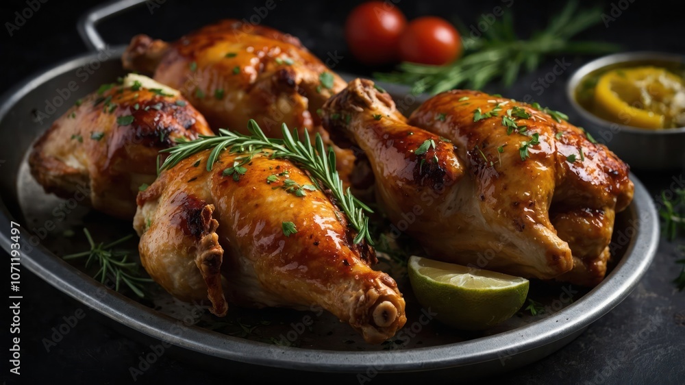 A platter of roasted chicken garnished with herbs and served with lime and tomatoes. A platter of roasted chicken garnished with herbs and served with lime and tomatoes.